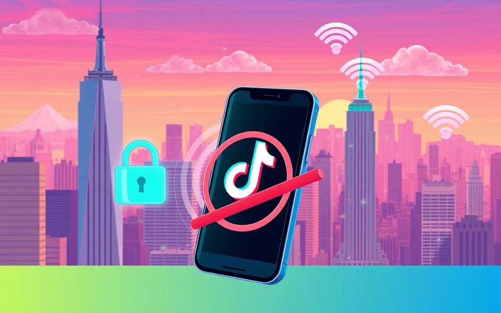A smartphone showing TikTok app on the screen with a VPN interface, demonstrating easy bypass to access TikTok in the US after the ban.