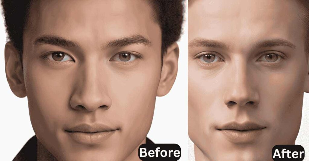 Before and after AI image enhancement of a young man's portrait. The left side is blurry and hazy, while the right side is sharp with natural skin tones and crisp details.