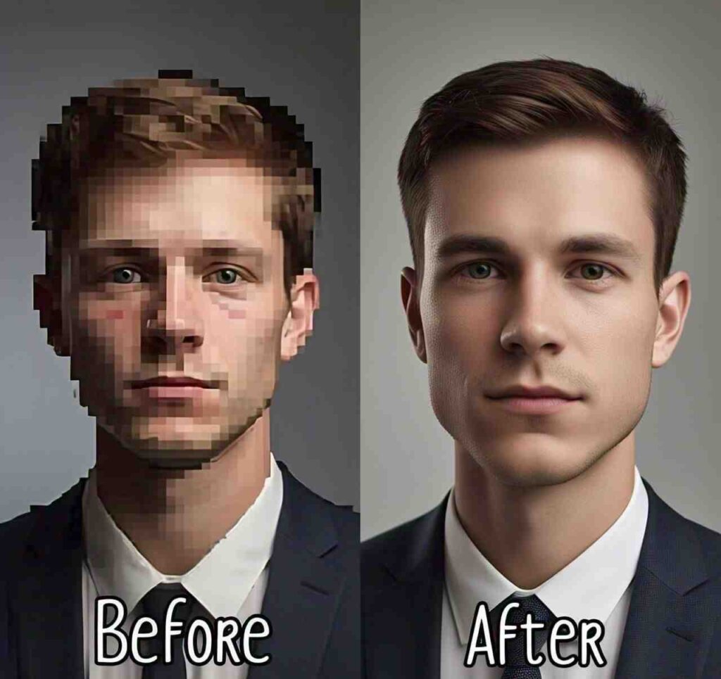 Side-by-side comparison of a pixelated image versus a smooth, enhanced version using online tools.