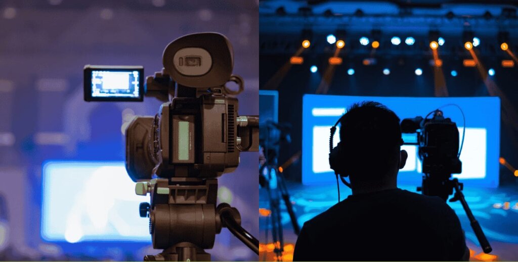 A professional film production setup featuring high-tech cinema cameras, lighting equipment, and a director monitoring the scene.
